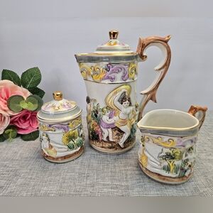 Vintage Elpa Alcobaca Cherubs Porcelain Coffee Tea Set Hand painted Portugal‎